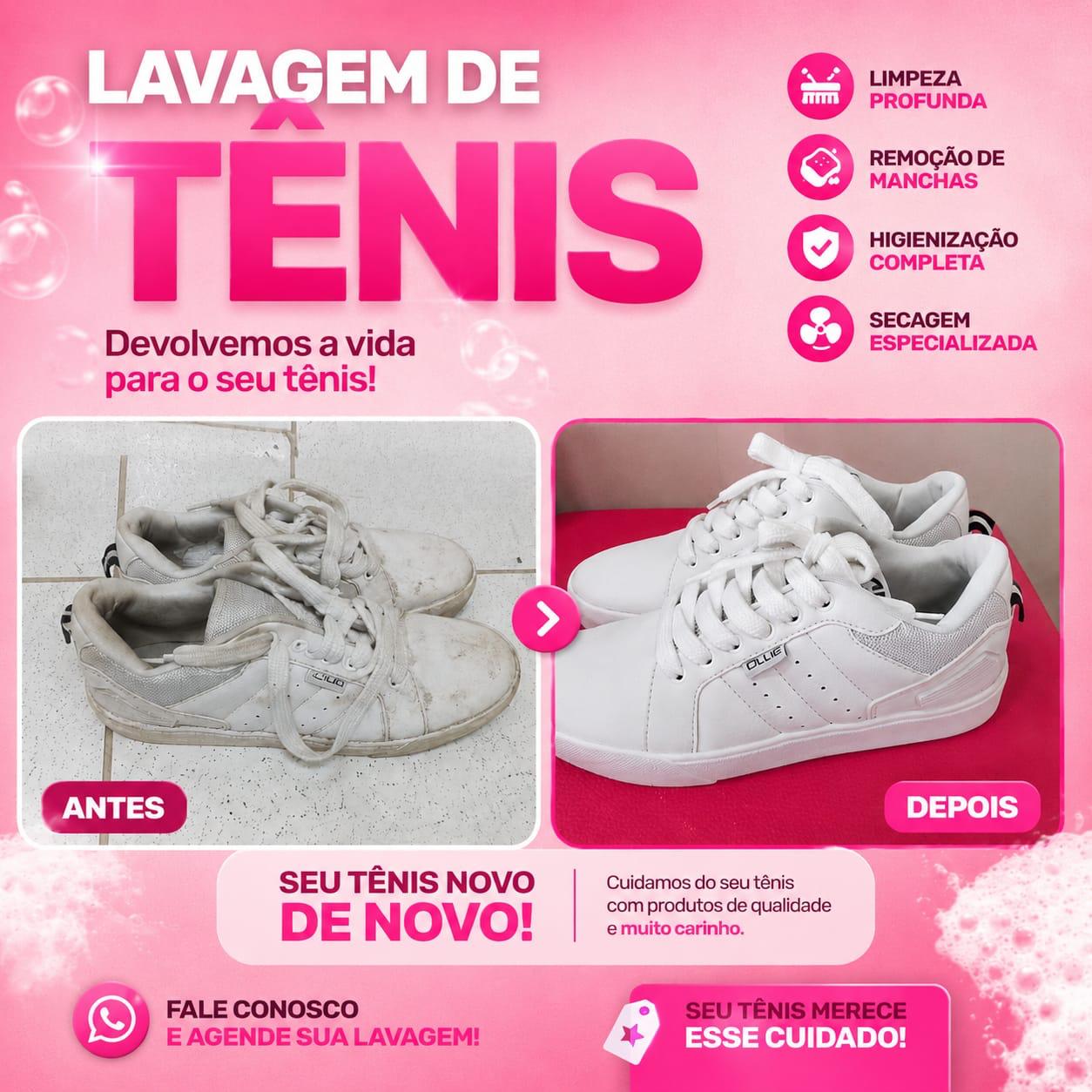 Antes e depois da lavagem de tênis na Maria Express em Manaus